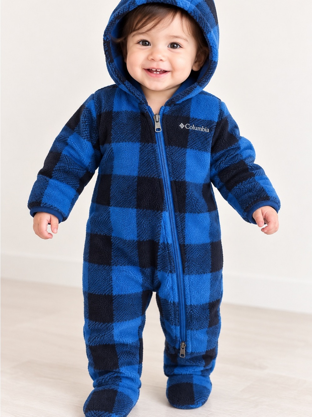 Columbia 12M Blue Black Buffalo Plaid Fleece Bunting Snowsuit Hooded
